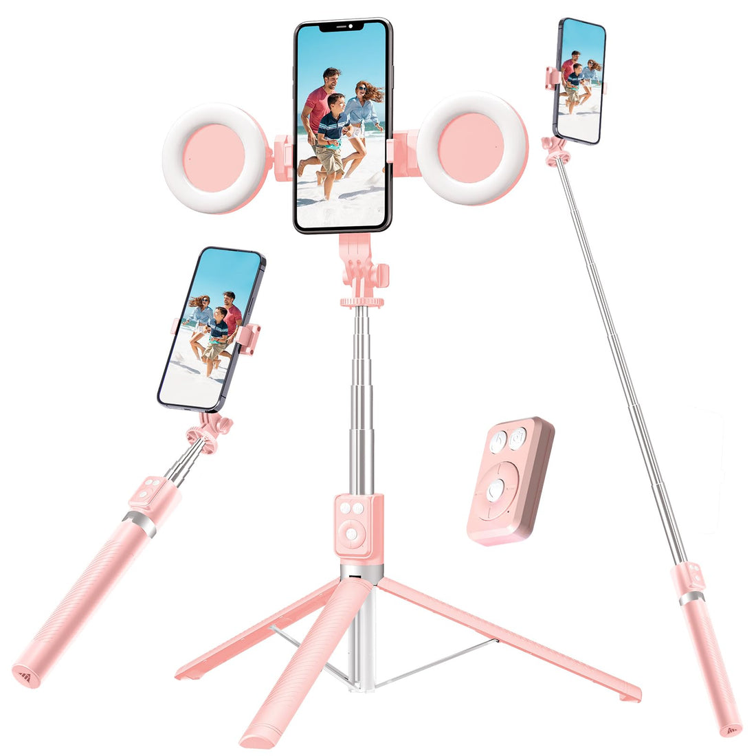 Selfie Stick Tripod with Fill Light Phone Selfie Stick ，Durable Stainless Steel Design Bluetooth Remote Control and Stable Three-Legged Support for Live Broadcasts Video Shooting (Pink)