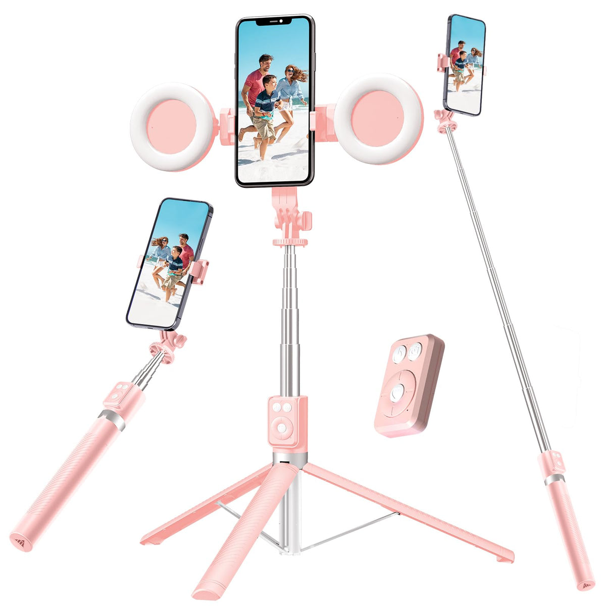 Selfie Stick Tripod with Fill Light Phone Selfie Stick ，Durable Stainless Steel Design Bluetooth Remote Control and Stable Three-Legged Support for Live Broadcasts Video Shooting (Pink)