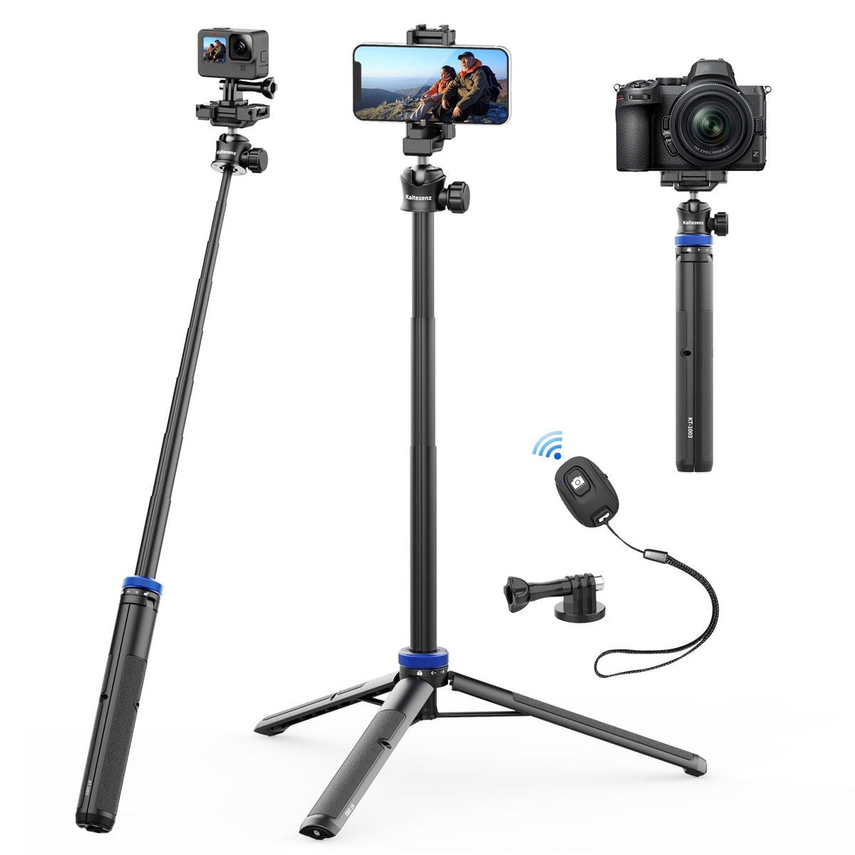 Kaitezenz Selfie Stick Phone Tripod with Remote Control 64" Extendable Phone Vlog Tripod Stand with 2-in-1 Phone Clip 360° Ball Head Camera Tripod for iPhone Sony Canon GoPro Lightweight for Travel